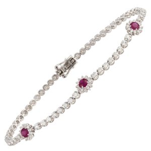 Brazalete Tenis en Oro Blanco 18K con Diamantes y Rubíes